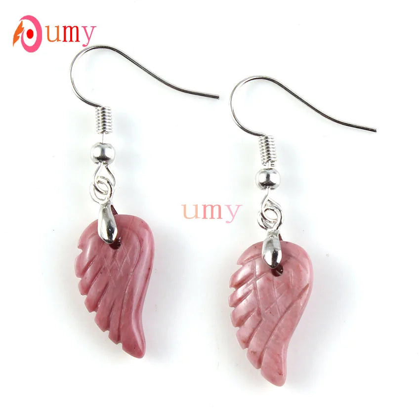 KFT Natural Carved Angel Wings Crystal Quartz Earring Lapis Lazuli Agate Dangle Hook Drop Stone Women Girls Earrings Jewelry