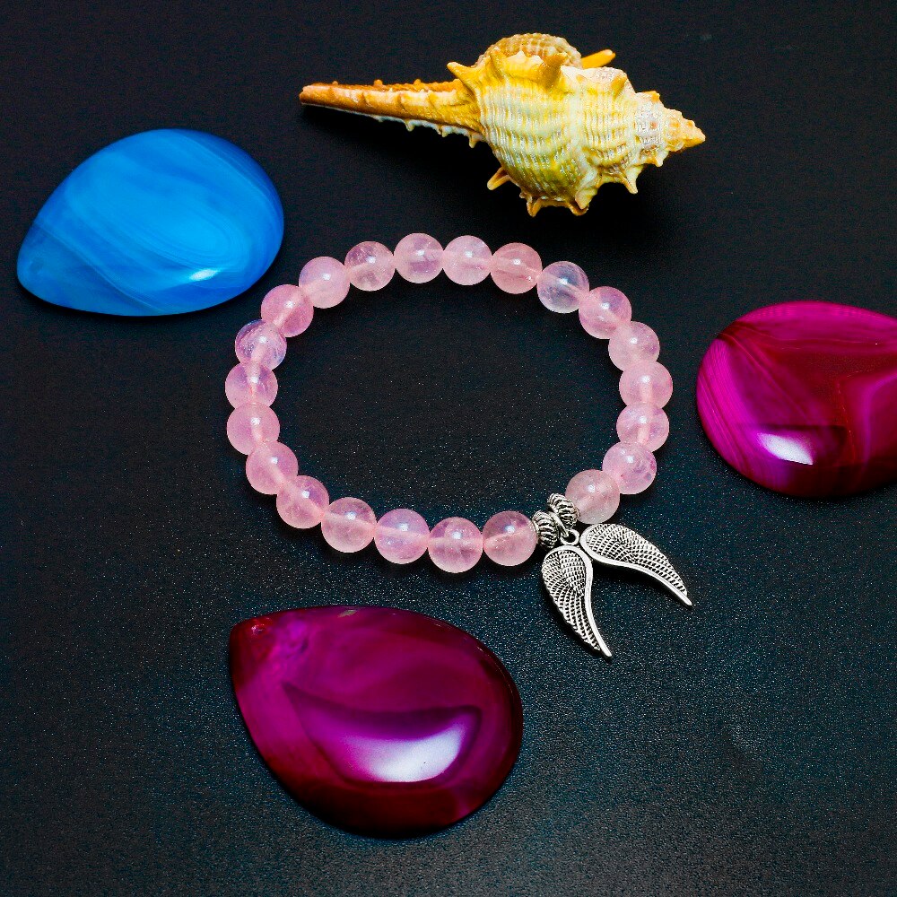 Reiki Natural Pink Quartz with Angel Wings Pendent Bracelet Women Stone Mala Beads Charms Meditation Ethnic Handmade Jewelry