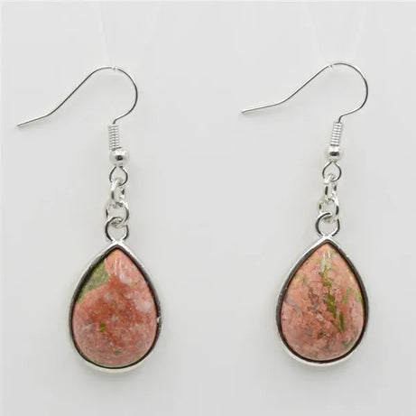 Natural Stone Teardrop Hook Earrings, Amethyst Pink Quartz Lapis Healing Jewelry