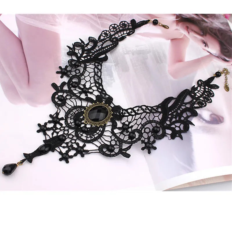 Gothic Chokers Black Beaded Flowers Sexy Lace Neck Choker Necklace Vintage Tassel Chain Women Steampunk Halloween Jewelry - Charlie Dolly