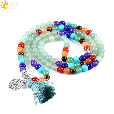 7 Chakra Natural Gem Stone Mala Tassel Long Boho Necklace
