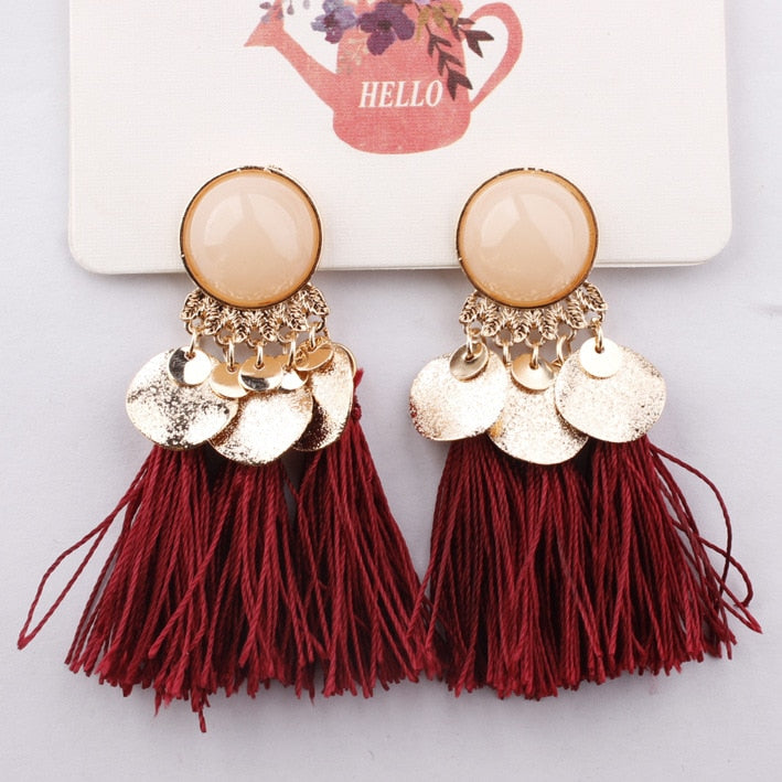 Bohemia Black Red Rope Fringe Tassel Earrings Long Drop Dangle Big Earrings Fashion Earrings for Women - Charlie Dolly