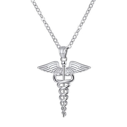 U7 Caduceus Pendants Necklace Medical Symbol Nurse Doctor Stainless Steel Double Snake Wings Mythology Necklaces for Women Men
