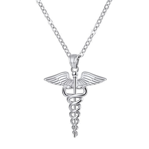 U7 Caduceus Pendants Necklace Medical Symbol Nurse Doctor Stainless Steel Double Snake Wings Mythology Necklaces for Women Men - Charlie Dolly