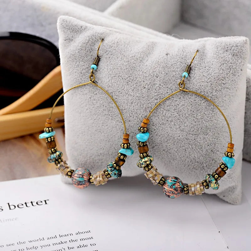 DOUVEI 2021 Ethnic Bohemia Women's Gypsy Big Bronze Wood Beads Round Drop Boho Earrings Vintage Style For Female HQE741