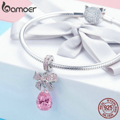 BAMOER Valentine Gift 925 Sterling Silver Pink Bowknot Droplet CZ Crystal Charms Pendant fit Chain Necklaces Jewelry SCC1074