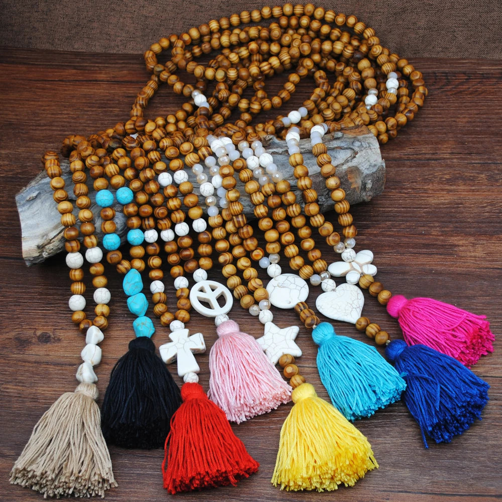Wood Bead Star Tassel Long Necklace Jewelry