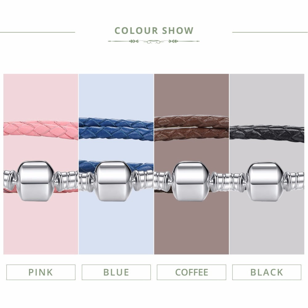 BAMOER Genuine Long Double Pink Black Braided Leather Chain Women Bracelets with 925 Sterling Silver Snake Clasp PAS908 - Charlie Dolly