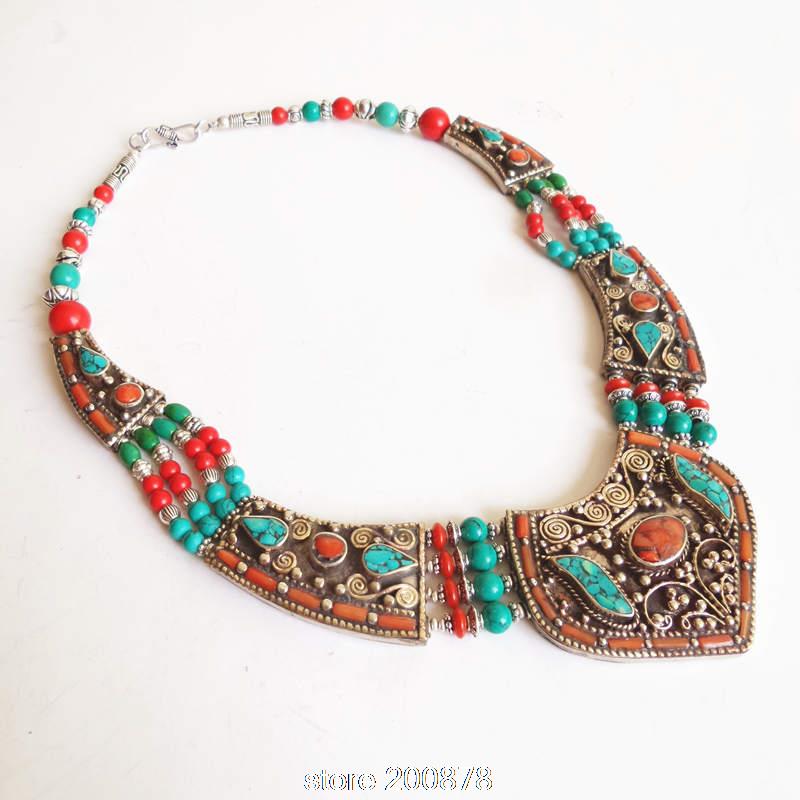 TNL151  Master Design Nepal Indian brass inlaid Stone coral pendant necklace Multi Statements Big Pendants BOHO Necklace - Charlie Dolly