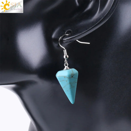 CSJA Bohemian Pyramid Drop Earrings Jewelry Earrings for Women Natural Stone Pink White Purple Crystal Quartz Lapis Lazuli E736 - Charlie Dolly