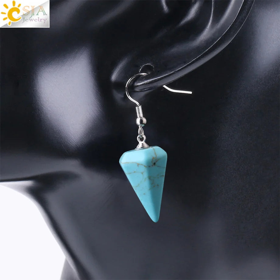 CSJA Bohemian Pyramid Drop Earrings Jewelry Earrings for Women Natural Stone Pink White Purple Crystal Quartz Lapis Lazuli E736