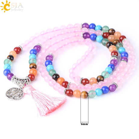 7 Chakra Natural Gem Stone Mala Tassel Long Boho Necklace