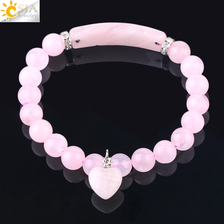 CSJA Natural Stone Pink Crystal Bracelet for Women Girls Love Heart Bracelets & Bangles Quartz Beads CZ Charms Jewelry F575