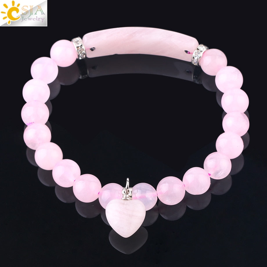 CSJA Natural Stone Pink Crystal Bracelet for Women Girls Love Heart Bracelets & Bangles Quartz Beads CZ Charms Jewelry F575 - Charlie Dolly