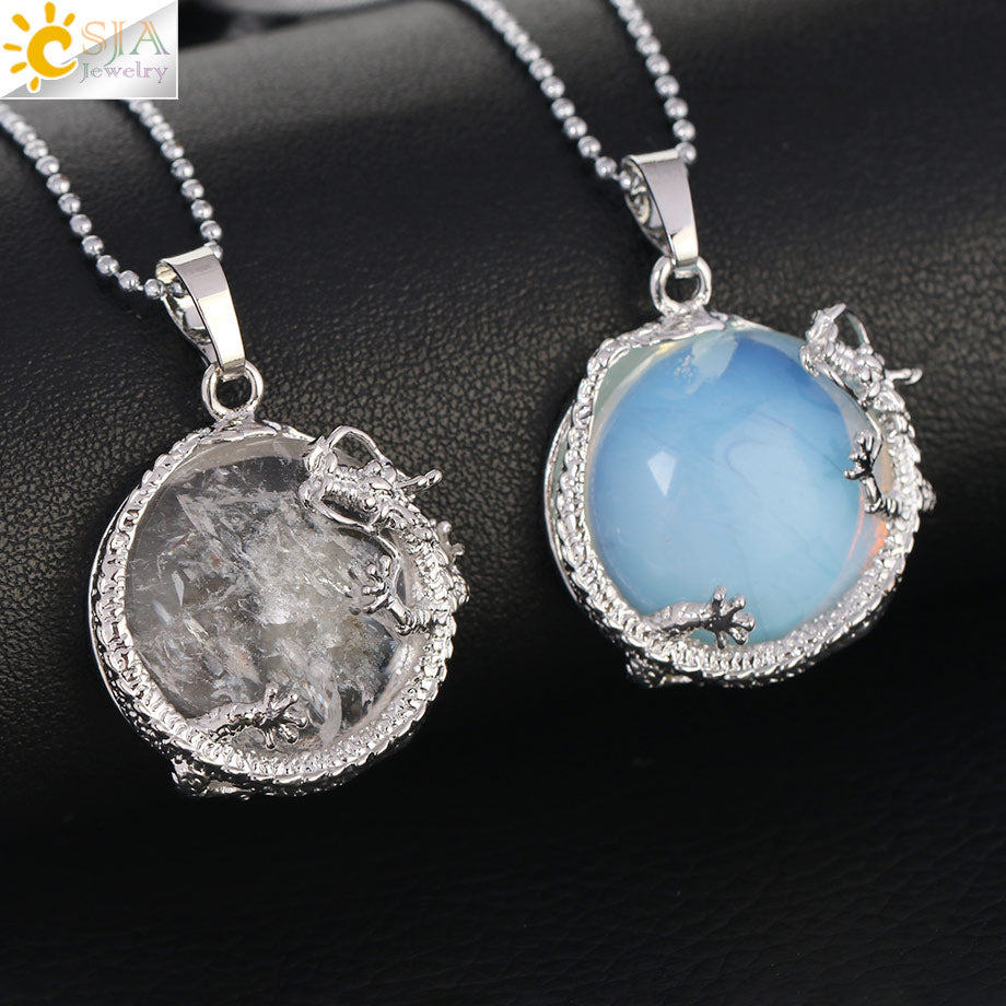 CSJA Necklaces Dragon Pendants Women Natural Stone Purple Crystal Pink Quartz Tiger Eye Lava Rock Flat Round Beads Fittings F304 - Charlie Dolly