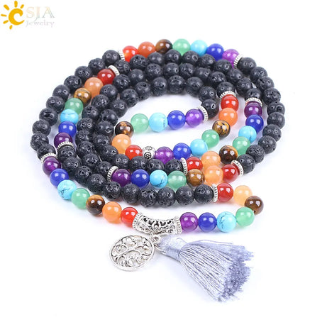 7 Chakra Natural Gem Stone Mala Tassel Long Boho Necklace