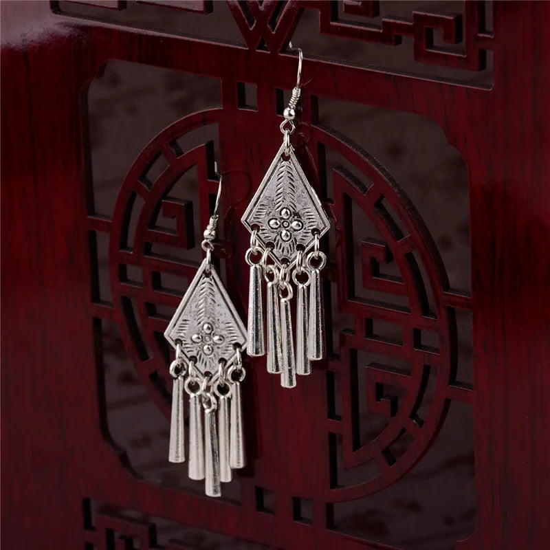 2020 Ethnic Indian Women's Flower Hollow Gypsy Silver Color Drop Earrings Cylindrical Tassel Boho Tribal Jewelry India Jhumki