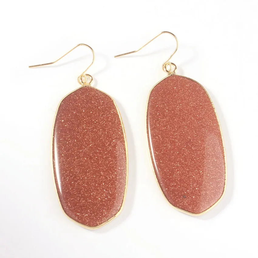 Natural Crystal Rose Pink Quartz Labradorite Lapis Lazuli Tiger Eye Stone Turquoise Oval Dangle Hook Women Earrings Jewelry