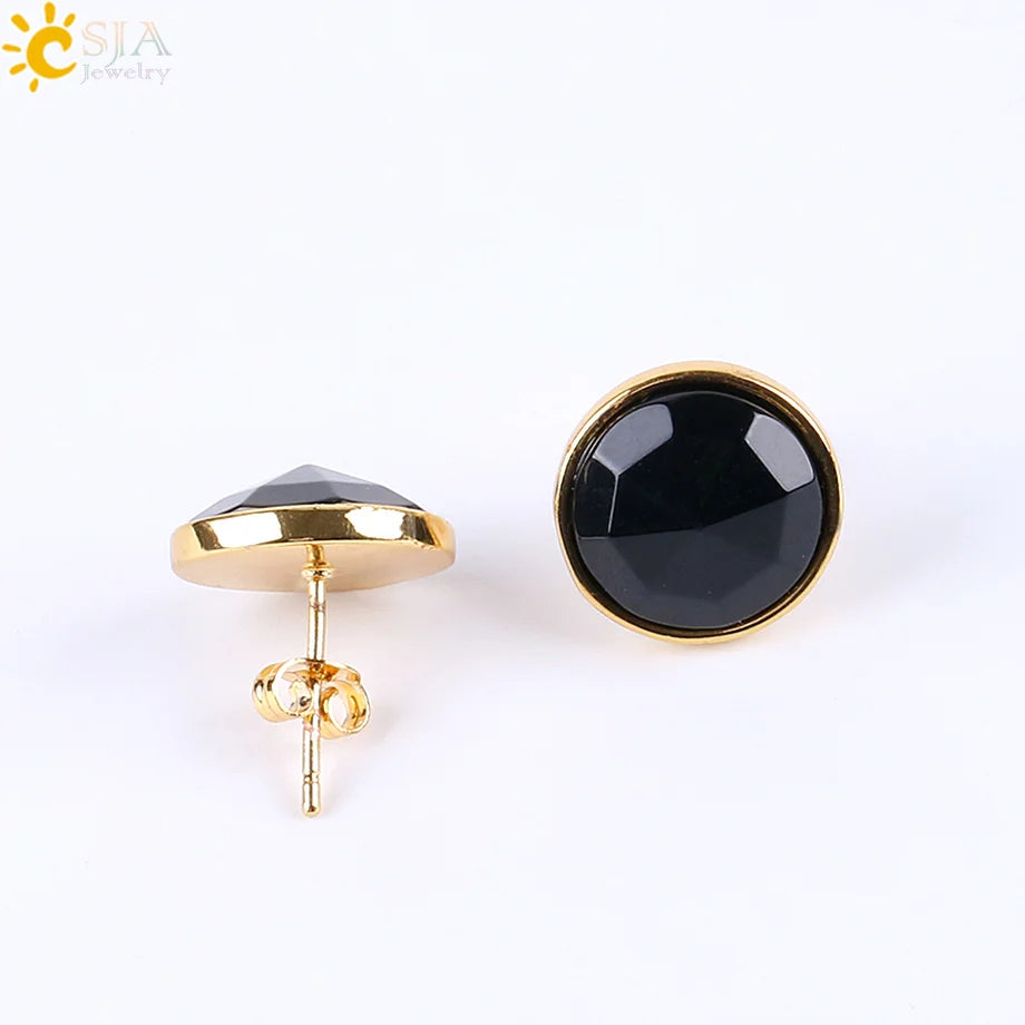 CSJA Gold Color Round Stud Earrings Natural Gem Precious Stone Green Black Obsidian Lapis Lazuli Amethysts Crystal Jewelry E597