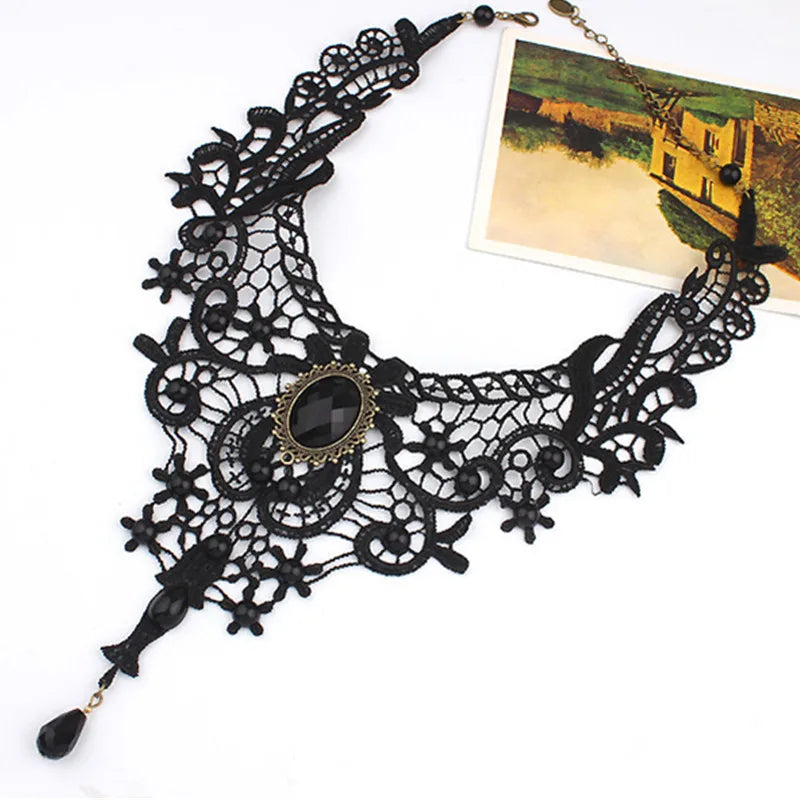 Gothic Chokers Black Beaded Flowers Sexy Lace Neck Choker Necklace Vintage Tassel Chain Women Steampunk Halloween Jewelry - Charlie Dolly