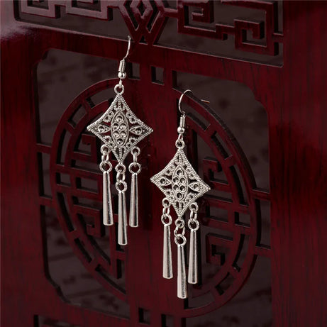 Silver Jhumka Flower Tassel Ethnic Earrings Jewelry