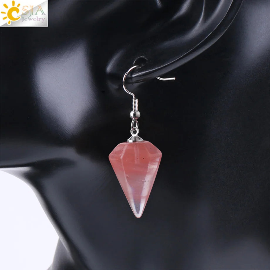 CSJA Bohemian Pyramid Drop Earrings Jewelry Earrings for Women Natural Stone Pink White Purple Crystal Quartz Lapis Lazuli E736
