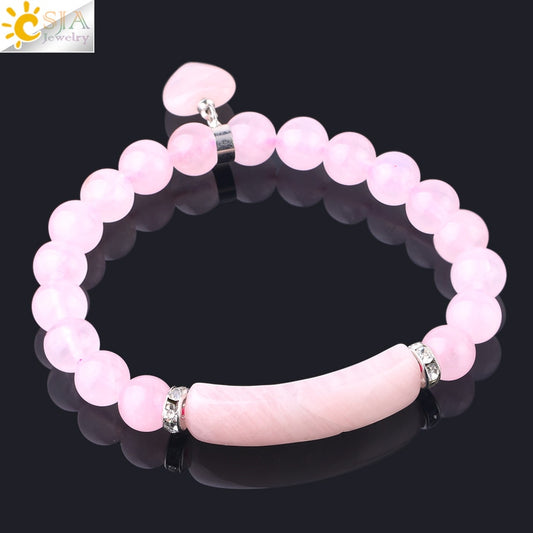 CSJA Natural Stone Pink Crystal Bracelet for Women Girls Love Heart Bracelets & Bangles Quartz Beads CZ Charms Jewelry F575 - Charlie Dolly