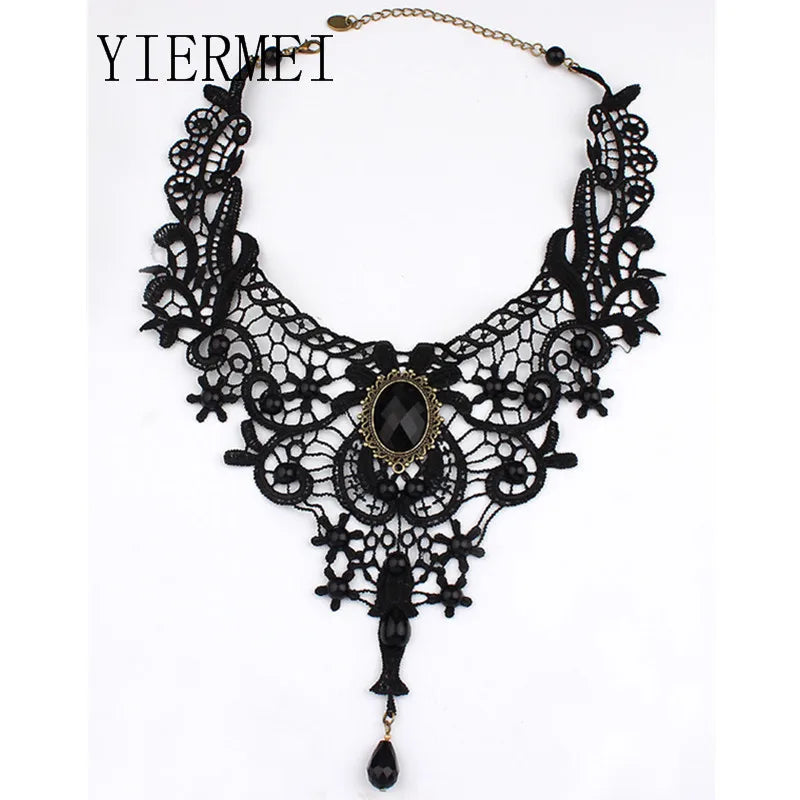 Gothic Chokers Black Beaded Flowers Sexy Lace Neck Choker Necklace Vintage Tassel Chain Women Steampunk Halloween Jewelry - Charlie Dolly