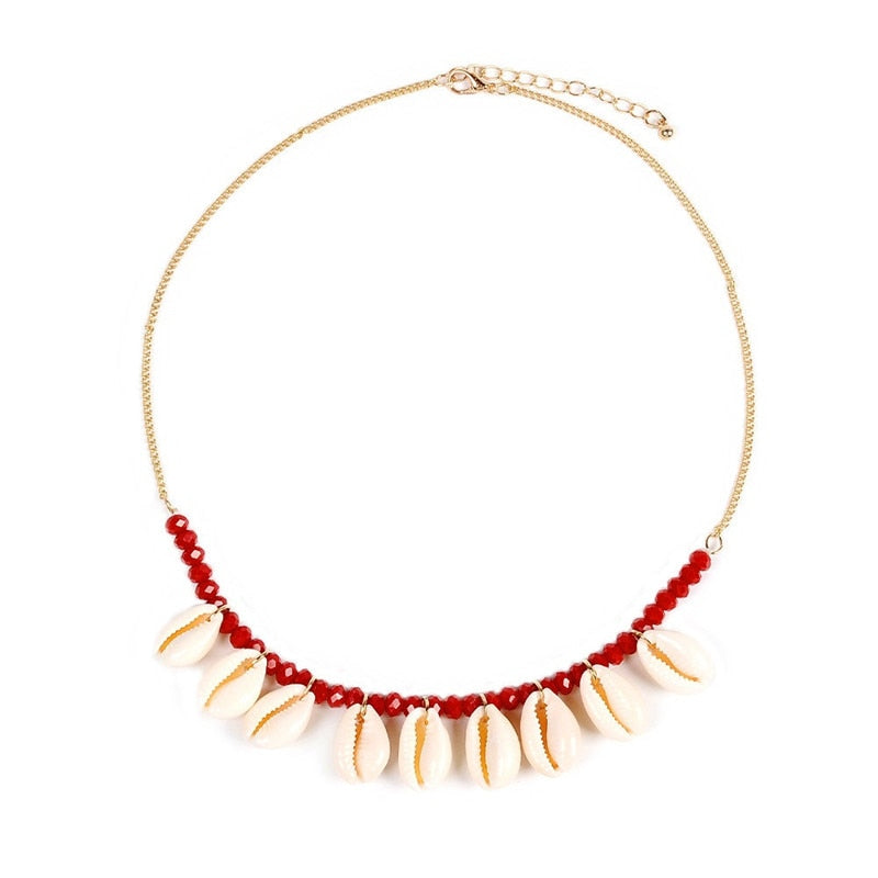 Boho Puka Sea Shell Necklace for Women Red Beads Choker Cowrie Pendants Necklaces Conchas Seashell Jewelry collier femme - Charlie Dolly