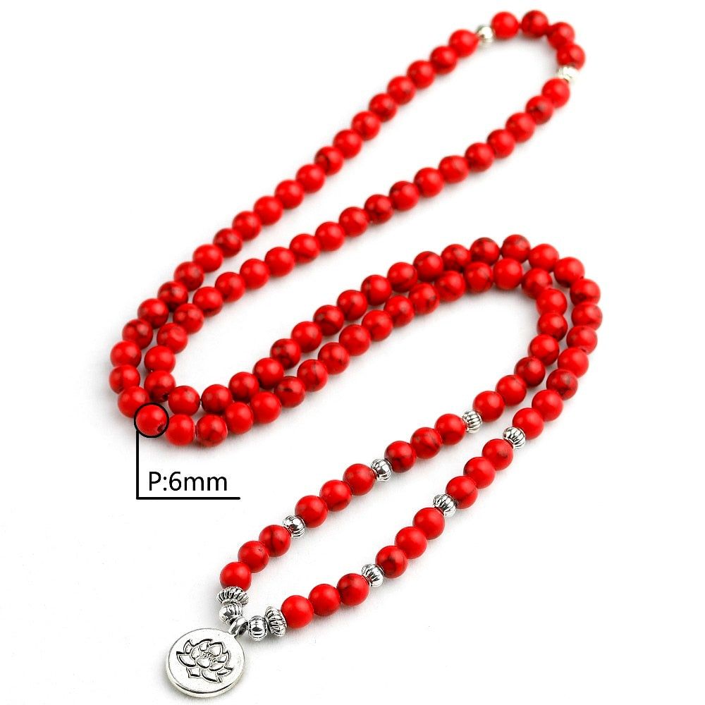 Woman Mala Necklace &amp; bracelets Red Howlite Stone 6MM Beaded Yoga Bracelet Buddha Lotus 108 Beads Yoga Bracelets Jewelry - Charlie Dolly