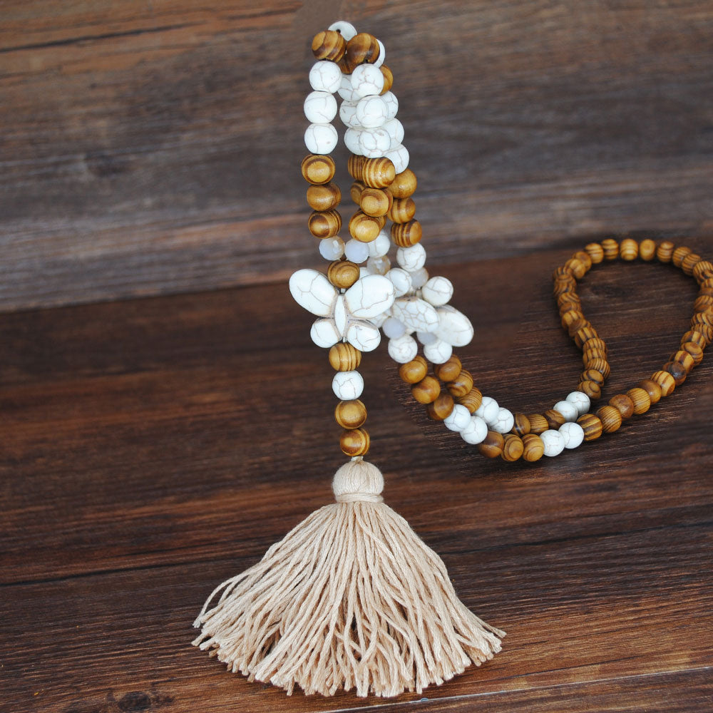 Yumfeel New Bohemian Necklace Handmade Stones Tassels Wood Beads Necklace Long Women Jewelry Gifts - Charlie Dolly