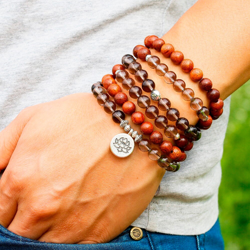 Natural Smoky Crystal With Wood Beaded Bracelet Women Men 108 Mala Beads Buddha Charm Strand Bracelet Necklace Yoga Gift - Charlie Dolly