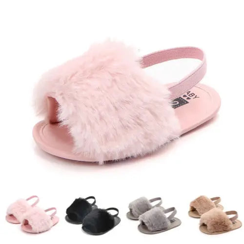 Newborn Baby Girl Soft Sole Crib Shoes Cute Fluffy Fur Summer Slippers Sandals - Charlie Dolly