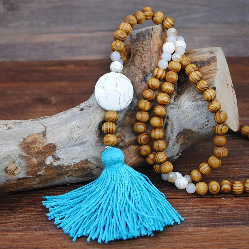 Wood Bead Star Tassel Long Necklace Jewelry