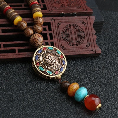 Vintage Nepal Long Buddhist Mala Wood Beaded Pendant &amp; Necklace Ethnic Bohemian Boho Buddha Lucky Jewelry for Women Men - Charlie Dolly