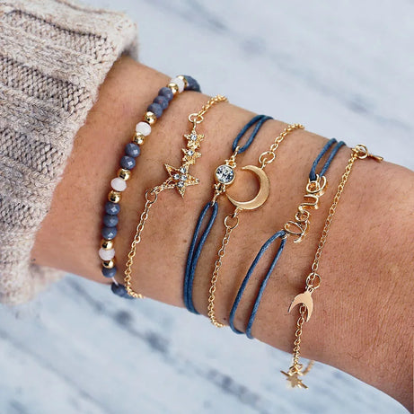 Boho Charm and Crystal Bead Bangle Bracelet Set