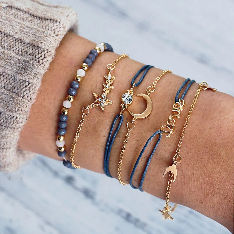 Boho Bangle For women Turtle Elephant Heart Shell Star Moon Bow Arrow Map Crystal Charm Bead Bracelet Set Bohemian Jewelry