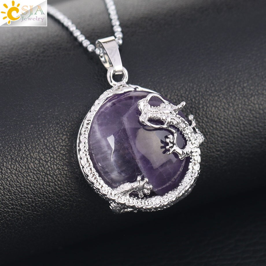 CSJA Necklaces Dragon Pendants Women Natural Stone Purple Crystal Pink Quartz Tiger Eye Lava Rock Flat Round Beads Fittings F304 - Charlie Dolly
