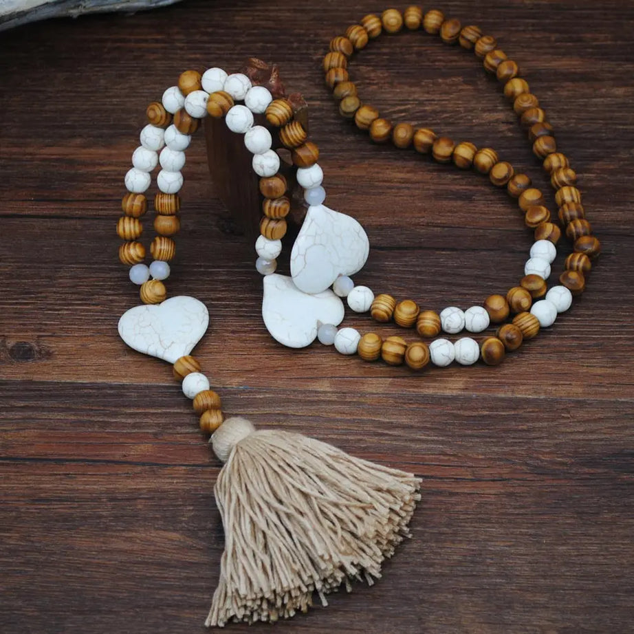 Wood Bead Star Tassel Long Necklace Jewelry