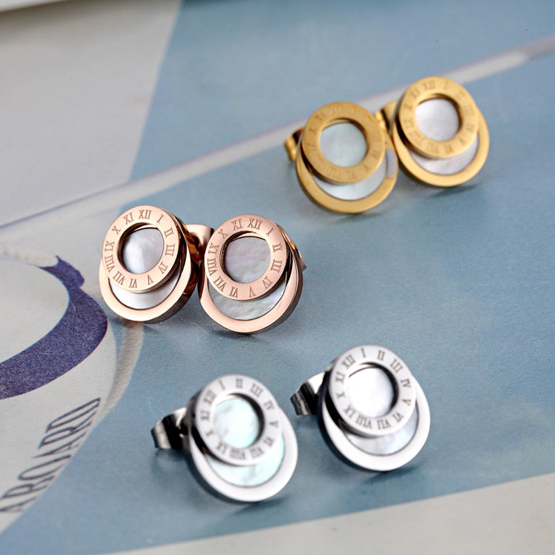 High Quality Black Enamel Roman Numerals Stud Earrings For Women/Men Girls Piercing Jewelry Titanium Steel Gold Color Earring