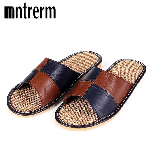 Mnterrm Hot Sale Men Home Slippers Linen Home Slippers Indoor Bedroom Sandals Couple Sheepskin Leather   Floor Slippers - Charlie Dolly