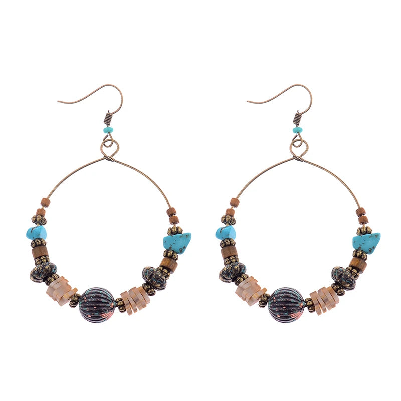 DOUVEI 2021 Ethnic Bohemia Women's Gypsy Big Bronze Wood Beads Round Drop Boho Earrings Vintage Style For Female HQE741