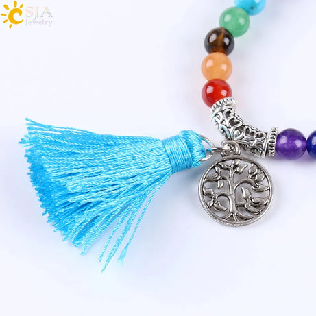 7 Chakra Natural Gem Stone Mala Tassel Long Boho Necklace
