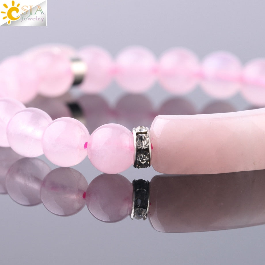 CSJA Natural Stone Pink Crystal Bracelet for Women Girls Love Heart Bracelets & Bangles Quartz Beads CZ Charms Jewelry F575