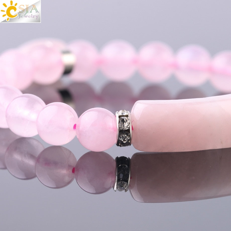 CSJA Natural Stone Pink Crystal Bracelet for Women Girls Love Heart Bracelets & Bangles Quartz Beads CZ Charms Jewelry F575 - Charlie Dolly