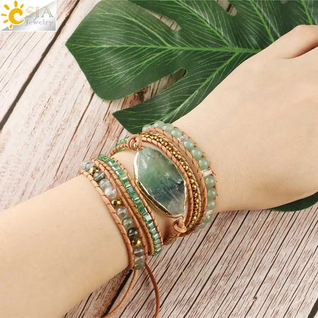 CSJA Natural Stone Bracelets Green Fluorite Crystal Aventurine Bead Leather Wrap Bracelet Multilayer Boho Jewelry Pulseira G118 - Charlie Dolly