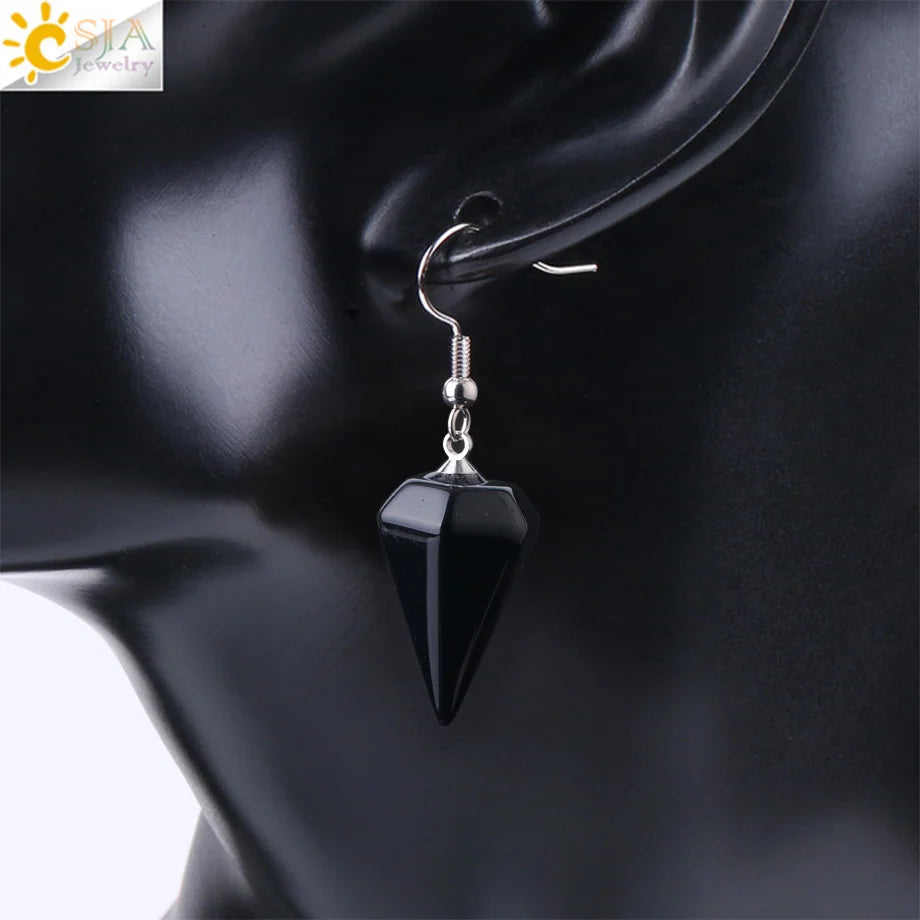 CSJA Bohemian Pyramid Drop Earrings Jewelry Earrings for Women Natural Stone Pink White Purple Crystal Quartz Lapis Lazuli E736