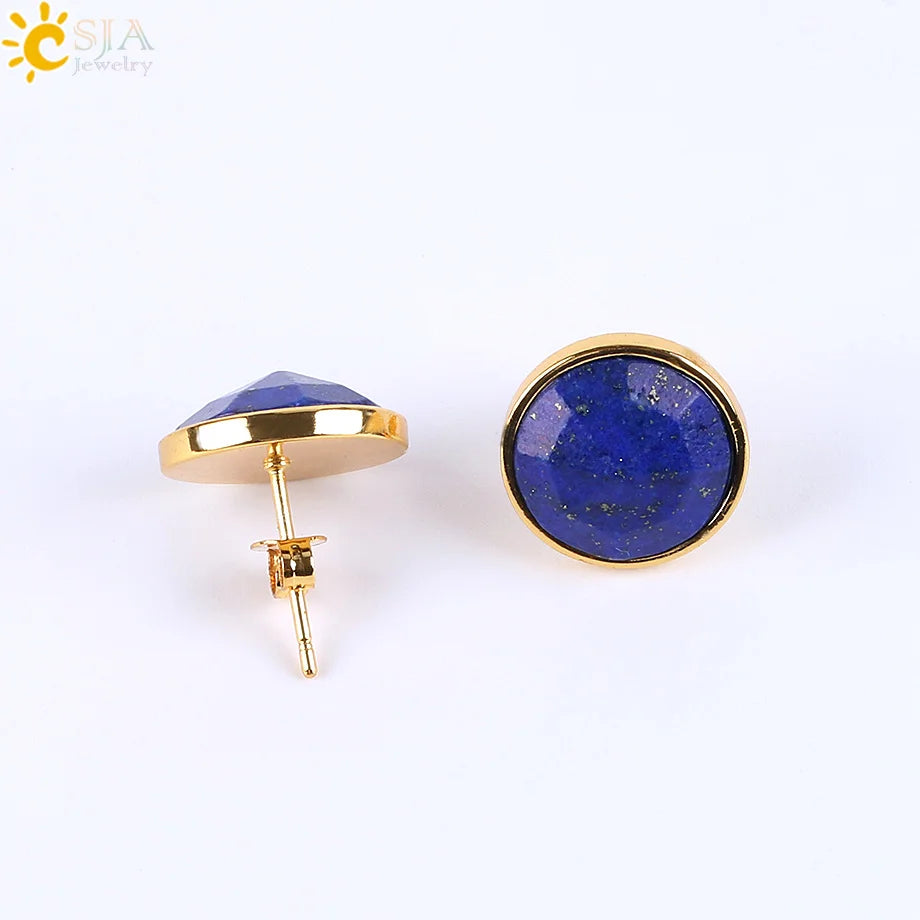 CSJA Gold Color Round Stud Earrings Natural Gem Precious Stone Green Black Obsidian Lapis Lazuli Amethysts Crystal Jewelry E597