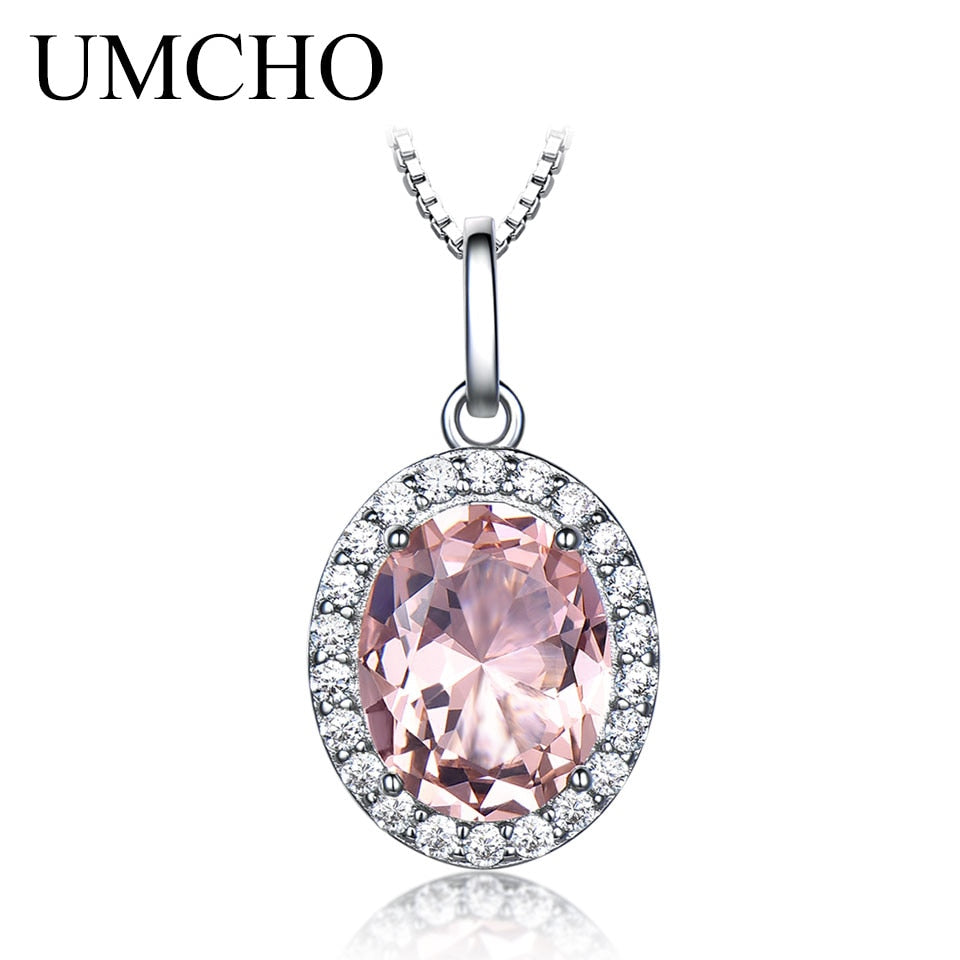 UMCHO Luxury Pink Sapphire Morganite Pendant For Women Real 925 Sterling Silver Necklaces Link Chain Jewelry Engagement Gift New