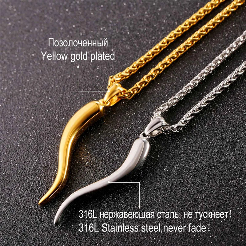 Italian Horn Charm Necklace Stainless Steel Gold Color Rope Chain Talisman/Amulet Italian Jewelry GP2407 - Charlie Dolly